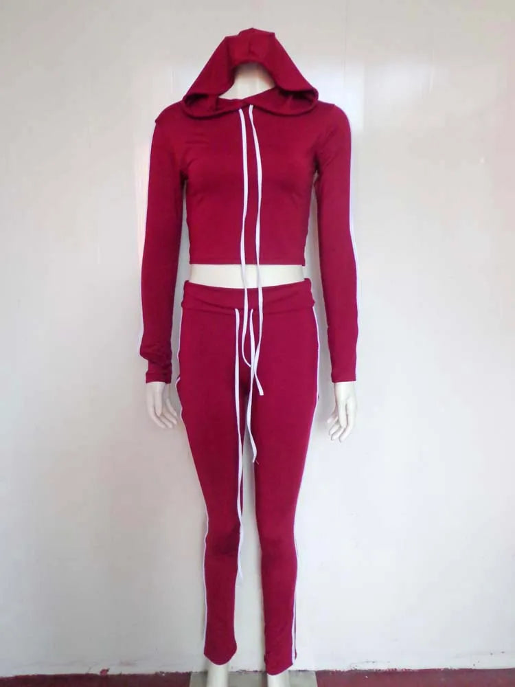 Tracksuit Set Woman Fitness Casual 2 Piece Sets Side Striped Hooded Crop Tops and Pants Jogger Stretchy Two Piece Outfit
