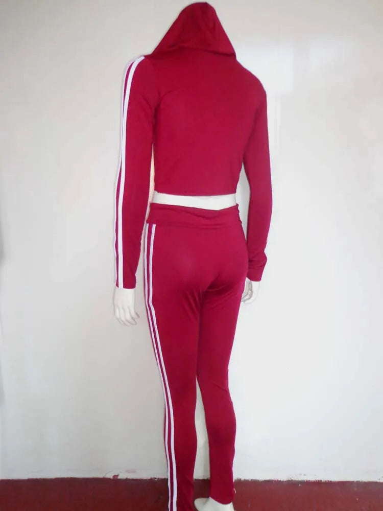 Tracksuit Set Woman Fitness Casual 2 Piece Sets Side Striped Hooded Crop Tops and Pants Jogger Stretchy Two Piece Outfit