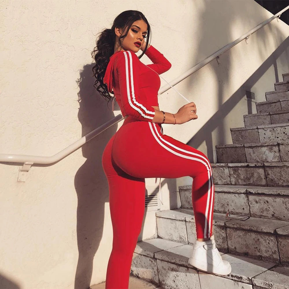 Tracksuit Set Woman Fitness Casual 2 Piece Sets Side Striped Hooded Crop Tops and Pants Jogger Stretchy Two Piece Outfit