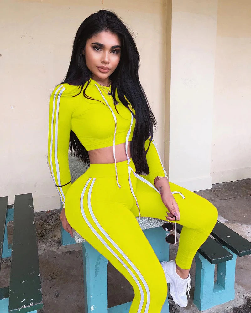 Tracksuit Set Woman Fitness Casual 2 Piece Sets Side Striped Hooded Crop Tops and Pants Jogger Stretchy Two Piece Outfit