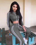 Tracksuit Set Woman Fitness Casual 2 Piece Sets Side Striped Hooded Crop Tops and Pants Jogger Stretchy Two Piece Outfit