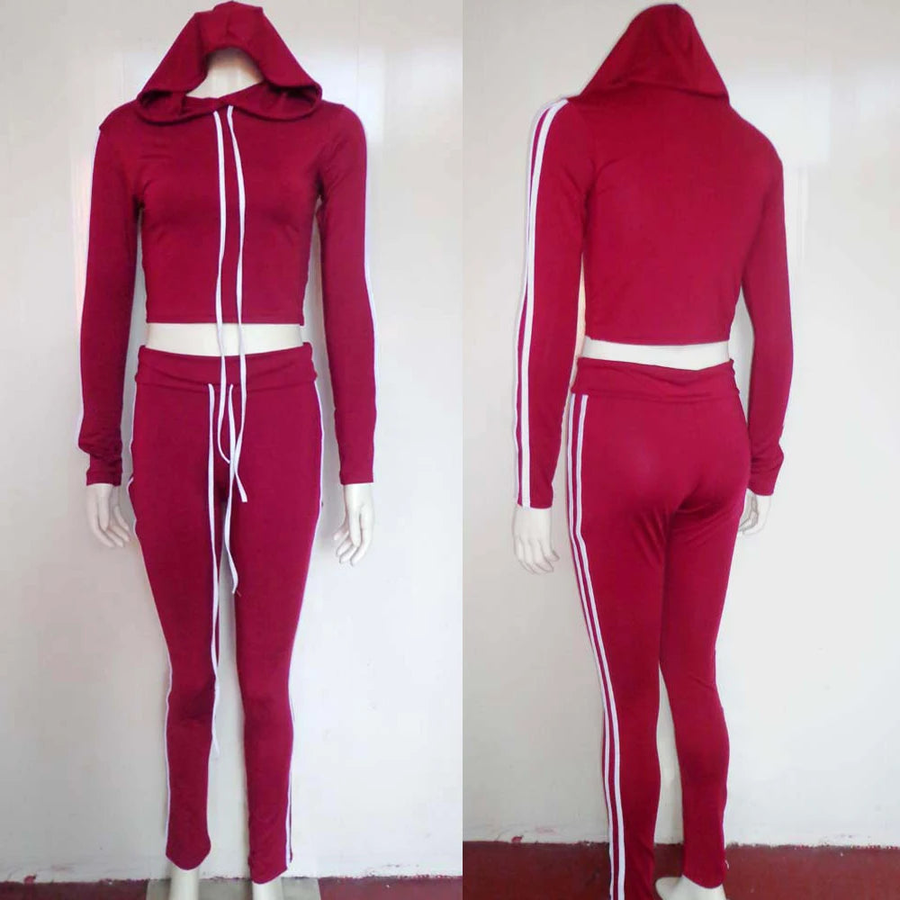 Tracksuit Set Woman Fitness Casual 2 Piece Sets Side Striped Hooded Crop Tops and Pants Jogger Stretchy Two Piece Outfit