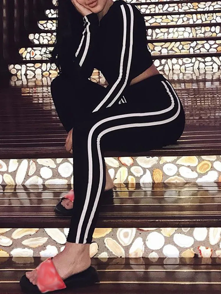 Tracksuit Set Woman Fitness Casual 2 Piece Sets Side Striped Hooded Crop Tops and Pants Jogger Stretchy Two Piece Outfit