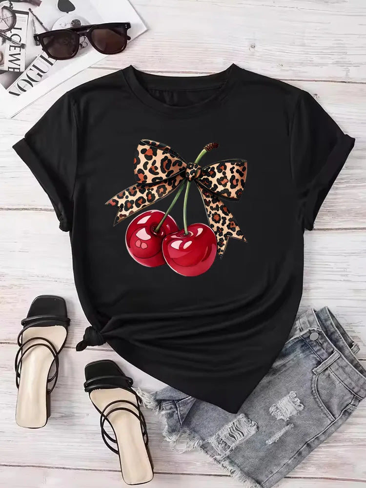 Cherry Print Women Short Sleeve T-Shirt