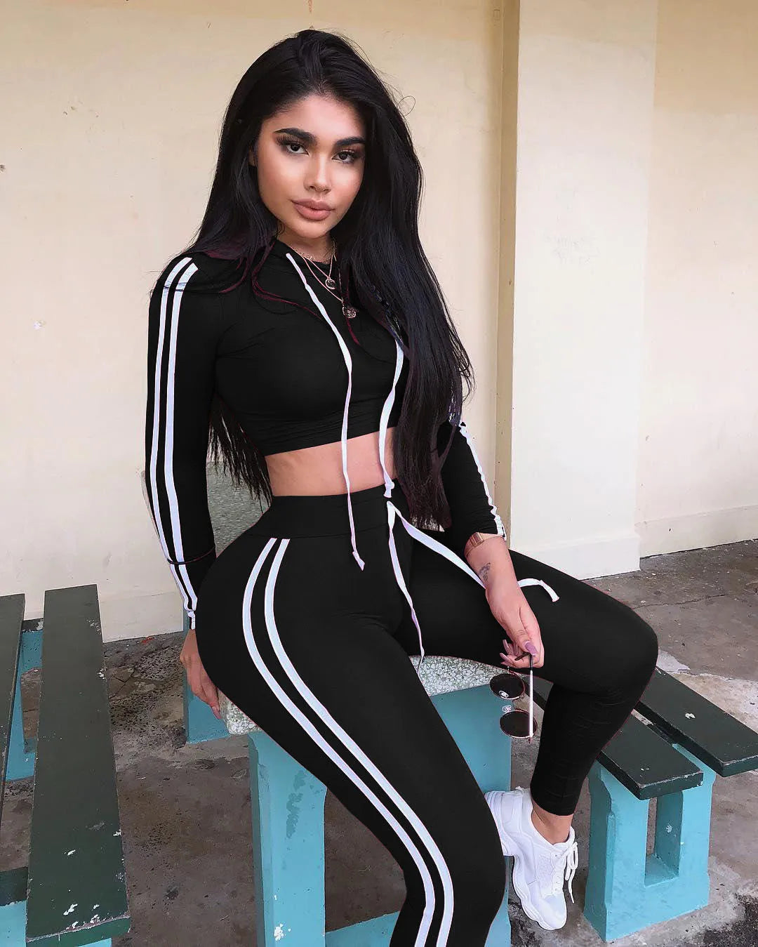 Tracksuit Set Woman Fitness Casual 2 Piece Sets Side Striped Hooded Crop Tops and Pants Jogger Stretchy Two Piece Outfit
