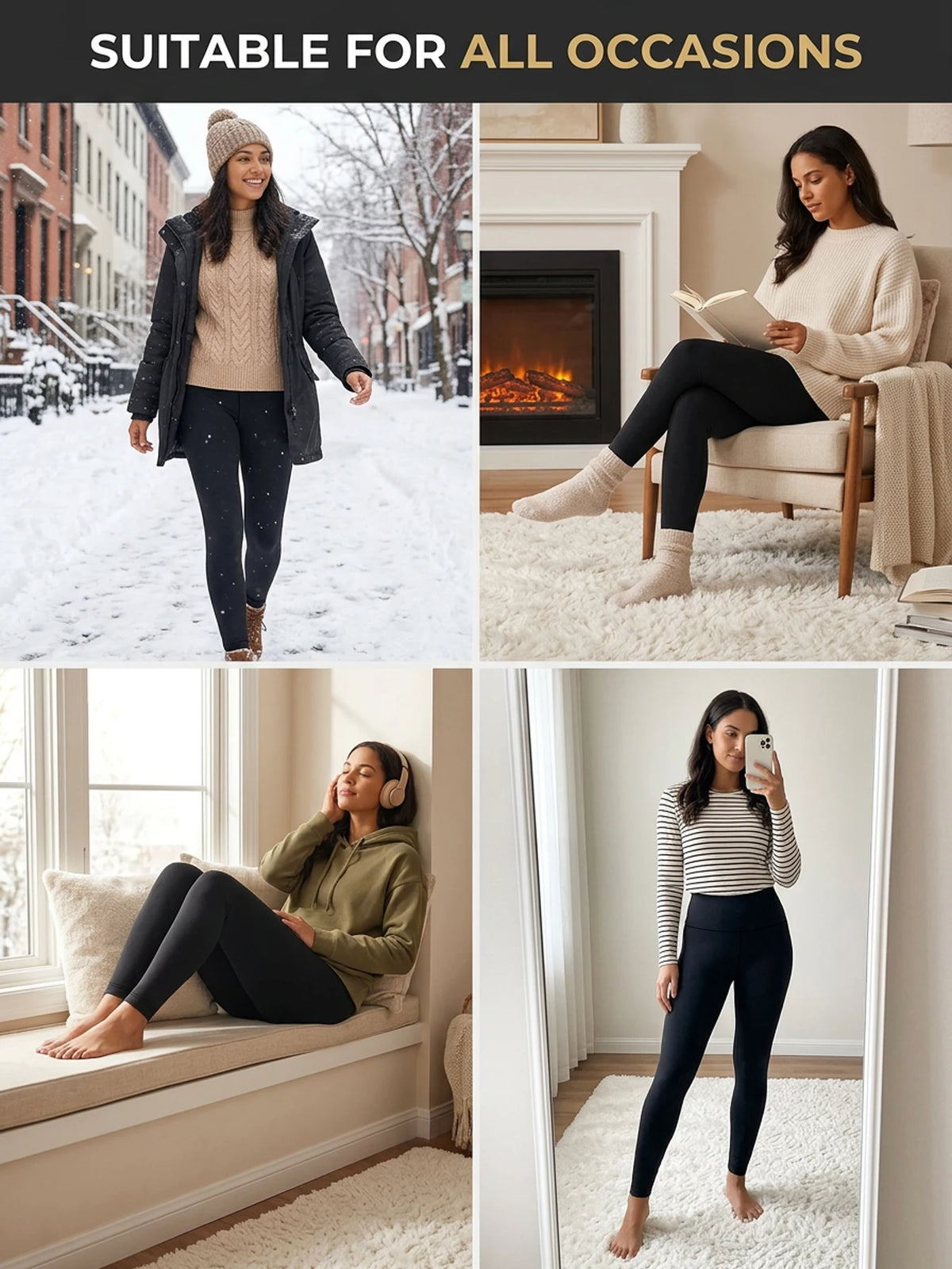 High Waisted Fleece-Lined Leggings for Women Thick Soft Tummy Control Workout Running Yoga Thermal Warm Pants for Cold Winter