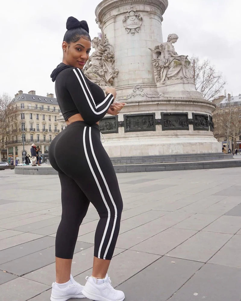 Tracksuit Set Woman Fitness Casual 2 Piece Sets Side Striped Hooded Crop Tops and Pants Jogger Stretchy Two Piece Outfit