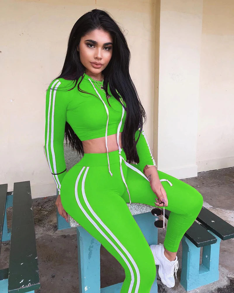 Tracksuit Set Woman Fitness Casual 2 Piece Sets Side Striped Hooded Crop Tops and Pants Jogger Stretchy Two Piece Outfit