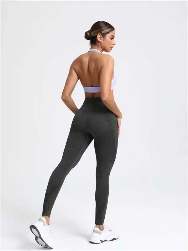 Seamless Striped Yoga Leggings Women Style High Waist Tummy Control Peach Hip Lifting Tight Gym Fitness Daily Workout Tights