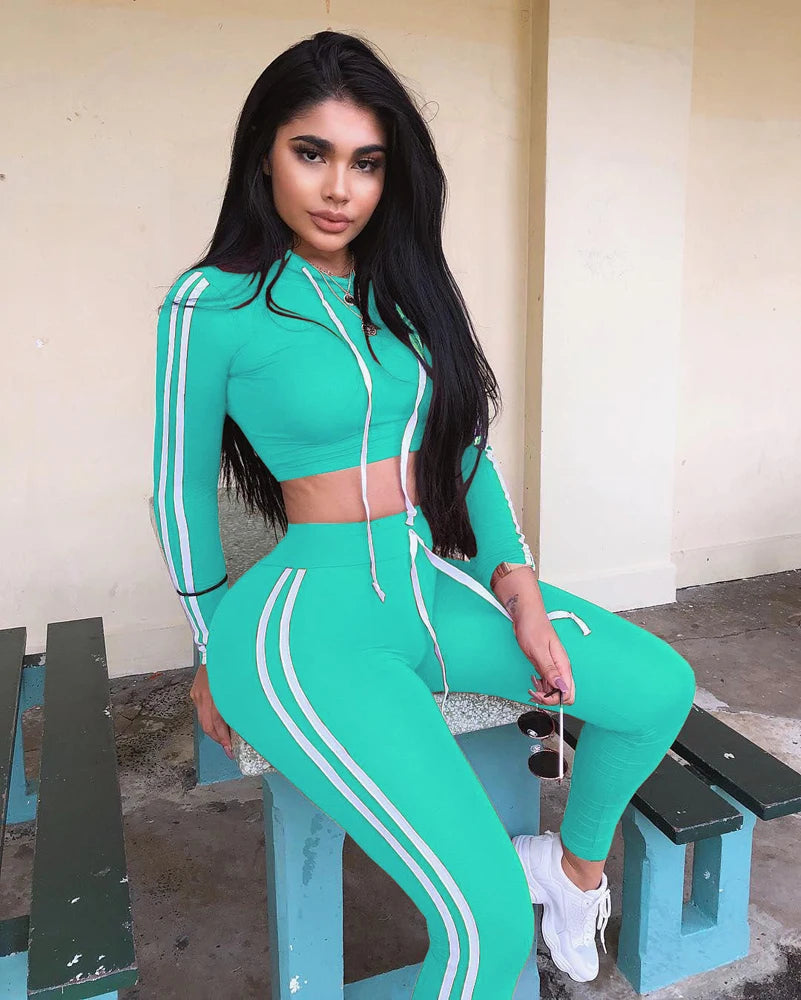 Tracksuit Set Woman Fitness Casual 2 Piece Sets Side Striped Hooded Crop Tops and Pants Jogger Stretchy Two Piece Outfit