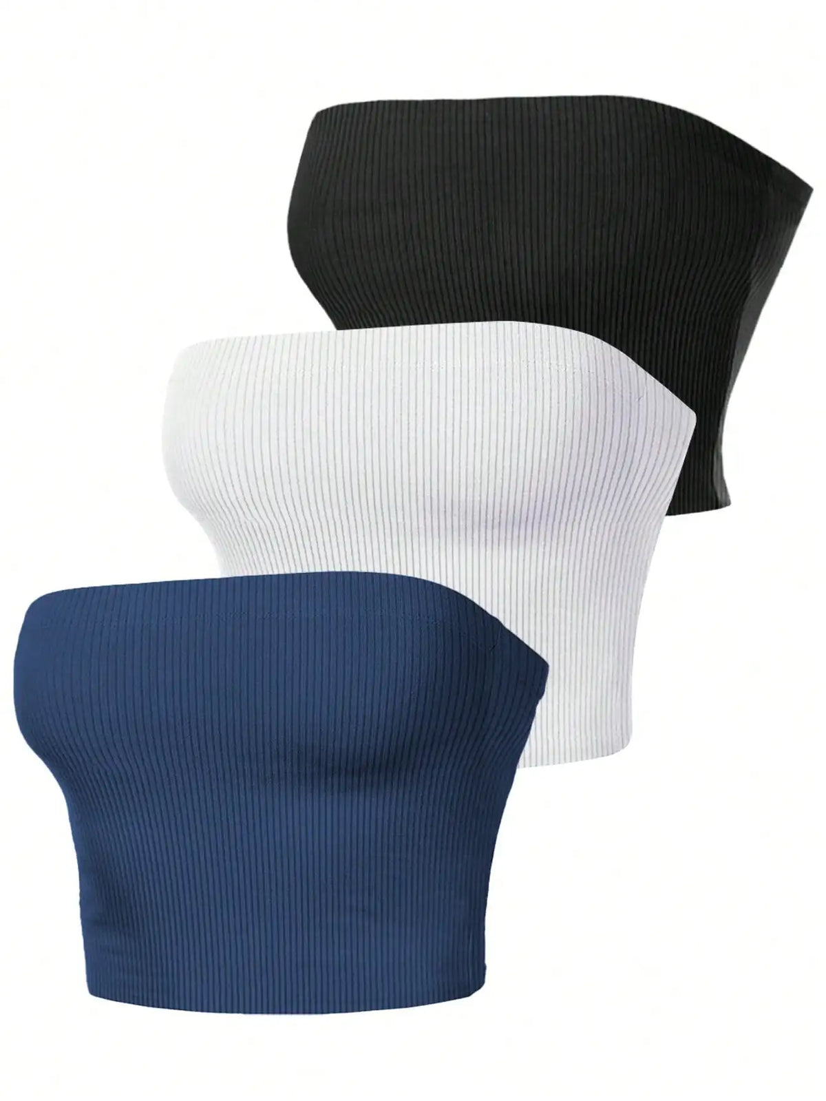 3 Pack Women Ribbed Strapless Tube Top No Padded Sleeveless Crop Bandeau Slim Fit Basic Summer Tank Vest