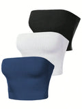 3 Pack Women Ribbed Strapless Tube Top No Padded Sleeveless Crop Bandeau Slim Fit Basic Summer Tank Vest