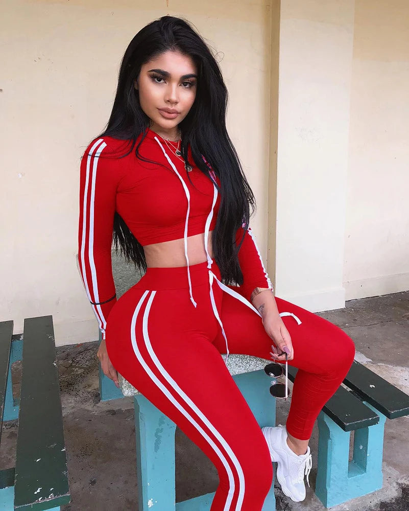 Tracksuit Set Woman Fitness Casual 2 Piece Sets Side Striped Hooded Crop Tops and Pants Jogger Stretchy Two Piece Outfit