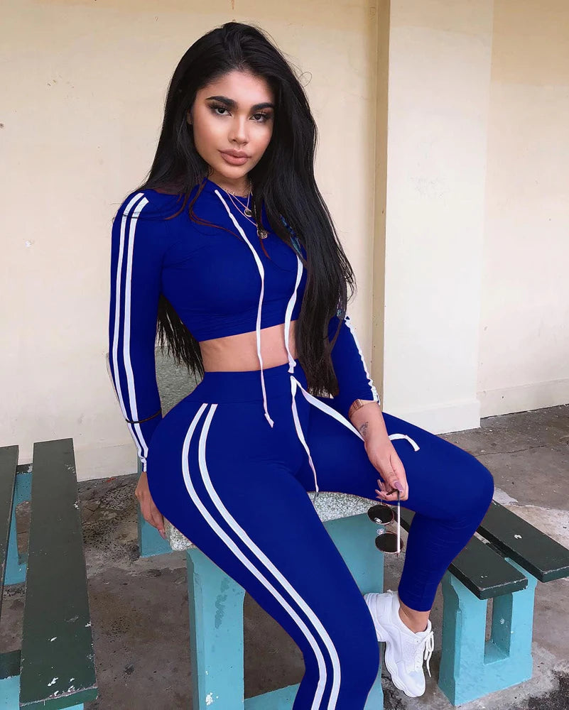Tracksuit Set Woman Fitness Casual 2 Piece Sets Side Striped Hooded Crop Tops and Pants Jogger Stretchy Two Piece Outfit