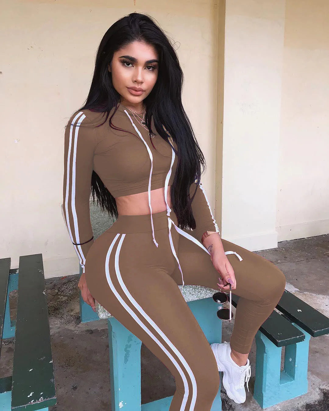 Tracksuit Set Woman Fitness Casual 2 Piece Sets Side Striped Hooded Crop Tops and Pants Jogger Stretchy Two Piece Outfit