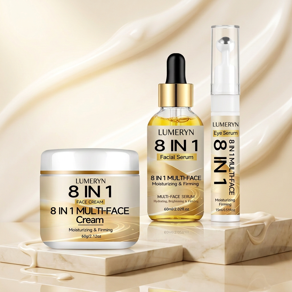 Luxury skincare trio with LUMERYN branding